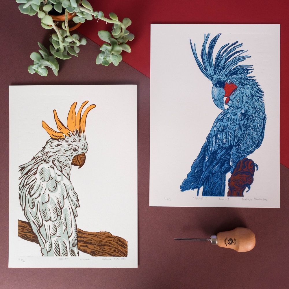 Parrot series - linocuts by Natalia Tredo